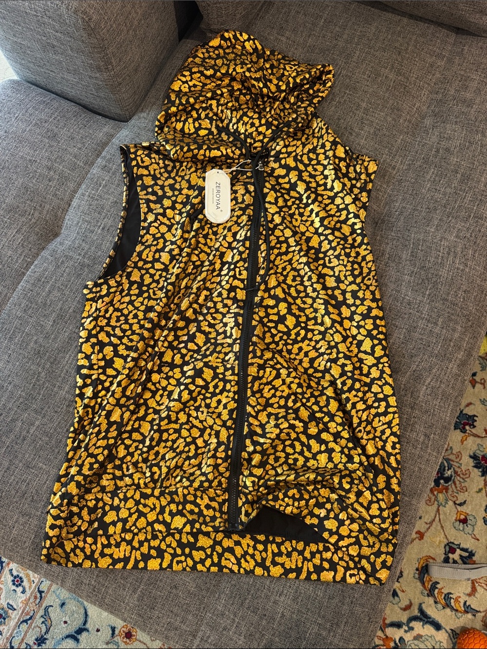 Men’s Zeroyaa Leopard Print Hooded Tank- Black/Gold, Large